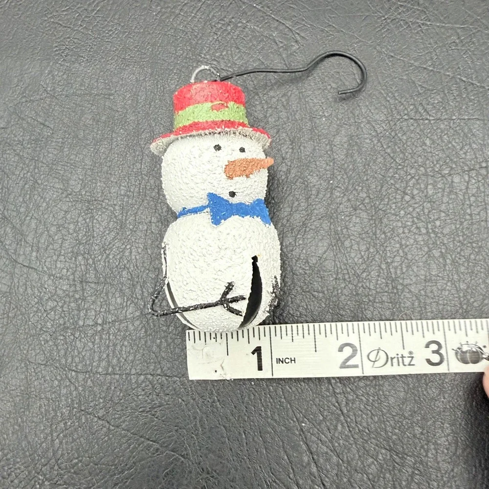 Set of 4 Snowman Jingle Bell Christmas Ornaments Metal Textured Holiday Decor